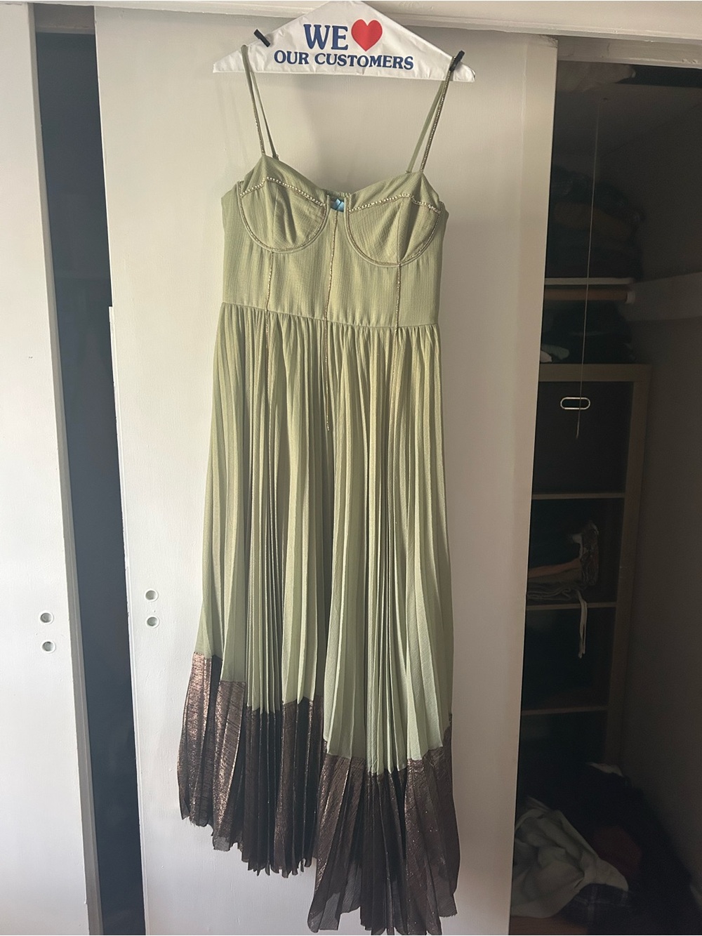 Anthropologie Sage Green Midi Dress with Metallic Bronze Hem - Picture 2 of 3